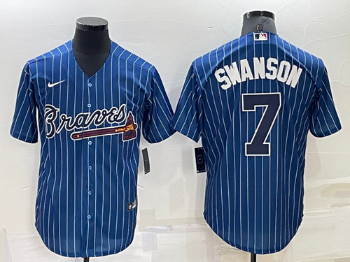 Men's Atlanta Braves #7 Dansby Swanson Navy Cool Base Stitched Baseball Jersey